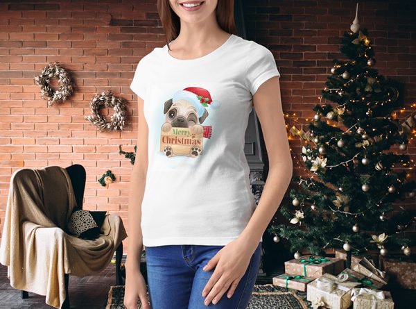 Tricou dama personalizat "Pug Merry Christmas" - imagine 1